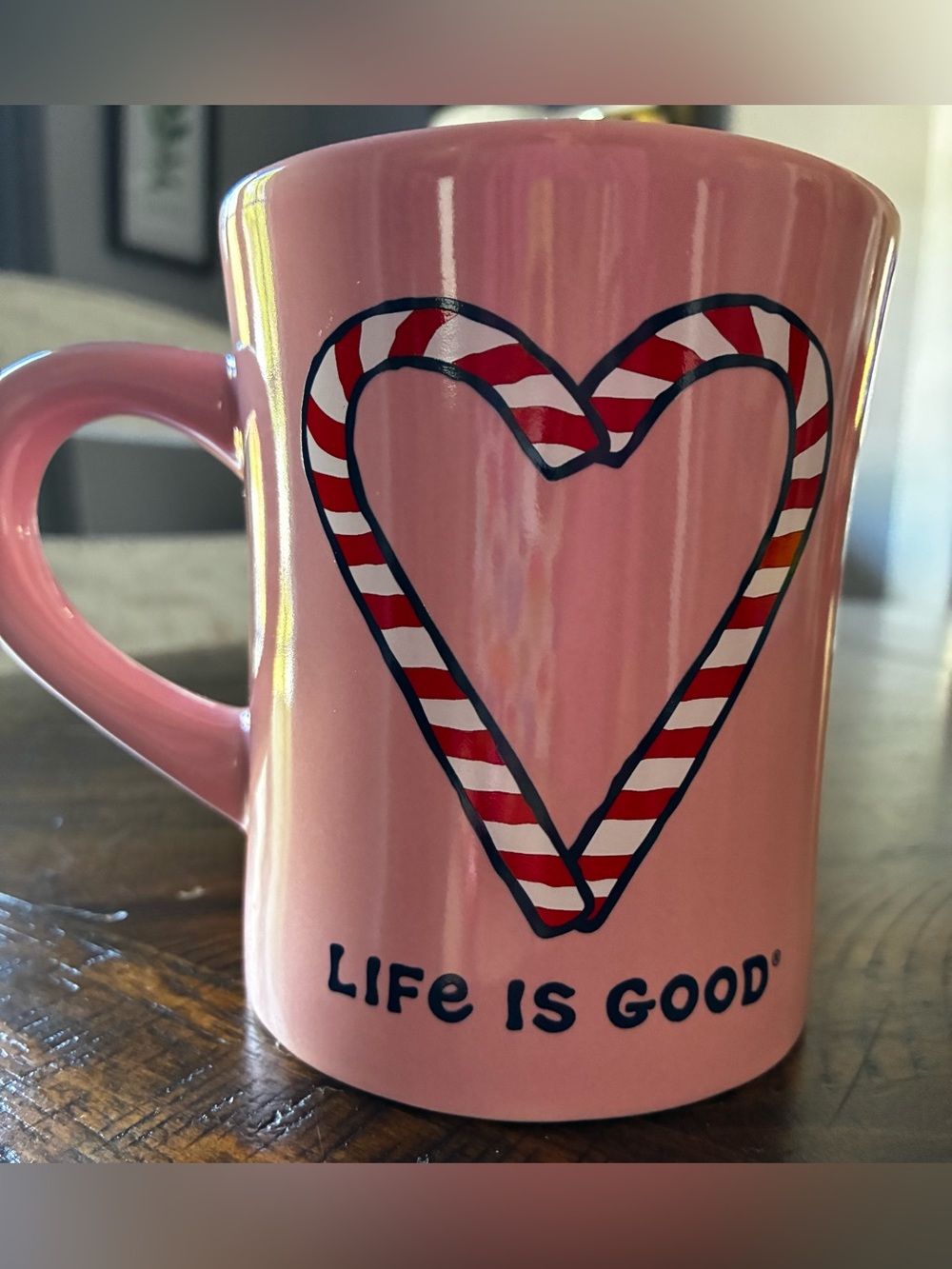 Life Is Good Pink Mug with Candy-Stripe Heart